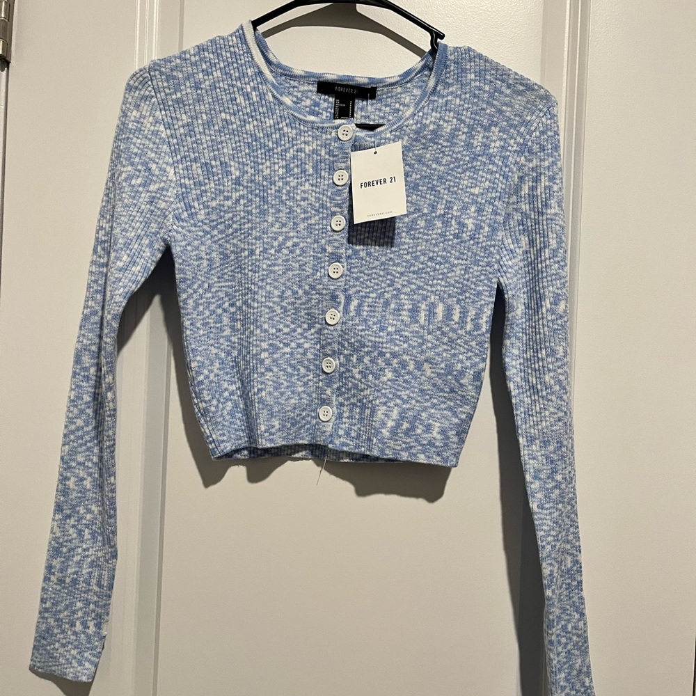 Forever 21 Sky Blue and White Knit Cardigan